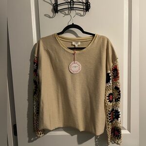 Umgee Beige Top with Crochet Sleeves